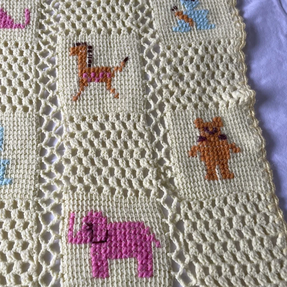 Vintage Handmade Yellow Crochet Baby Blanket Animal Cat Rabbit Elephant
